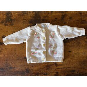Vintage Le Mine Baby Cardigan White With Floral Embroidery & Yellow Buttons 3mth